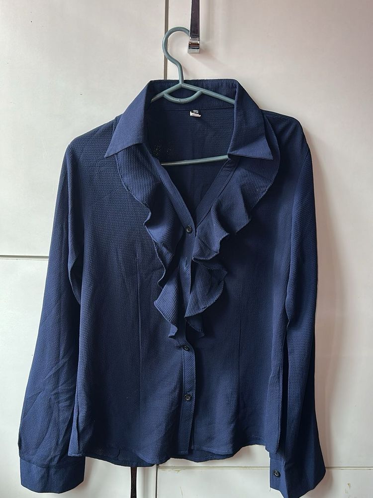 Elegant Navy Blue Ruffled Blouse