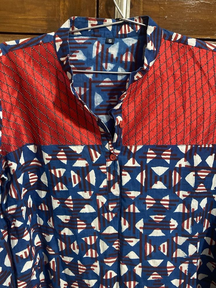 Boho Blue &amp; Red Block Print Kurta