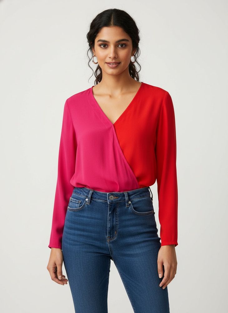 Chic Color Block V-Neck Top