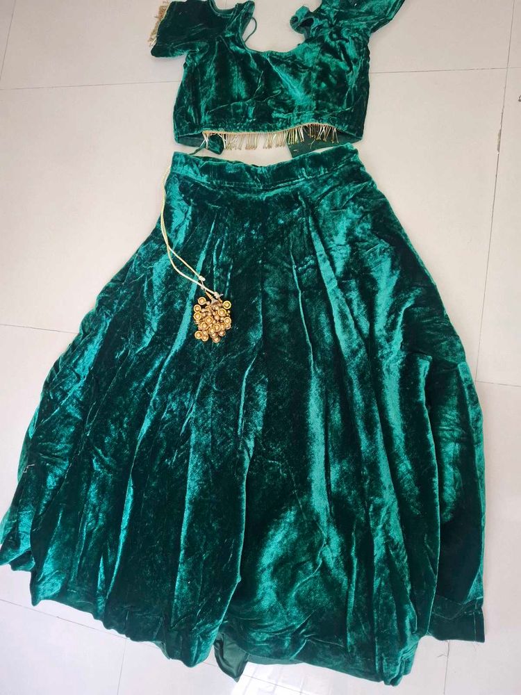 Emerald Green Velvet Lehenga Choli Set
