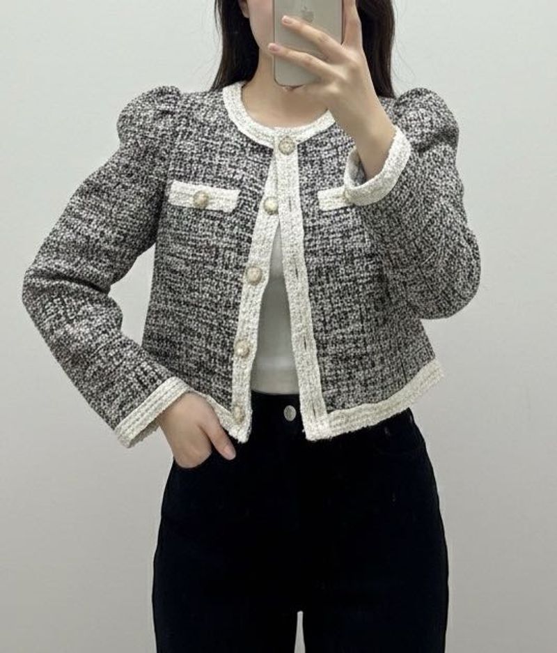 Tweed Cropped Jacket with Pearl Details