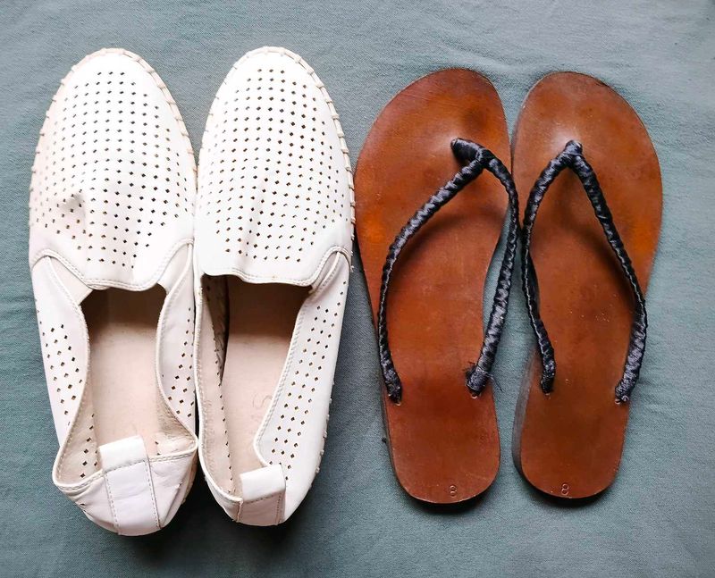White Perforated Loafers &amp; Brown Flip Flops