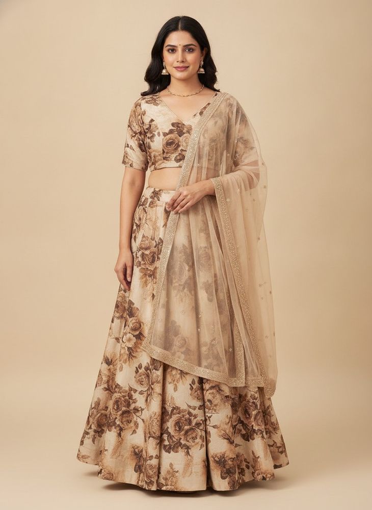 Floral Printed Lehenga &amp; Blouse Set in Champagne B