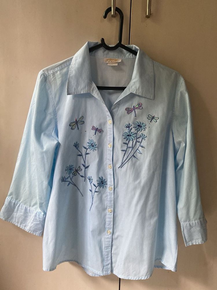 Light Blue Striped Dragonfly &amp; Flower Blouse