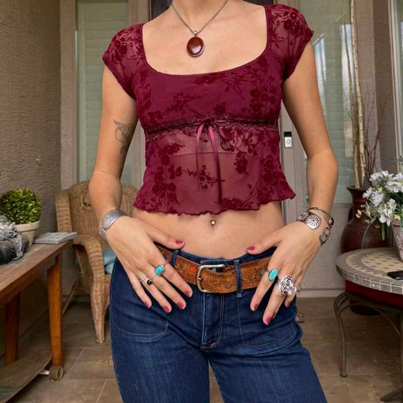 y2k Burgundy Floral Mesh Cropped Top