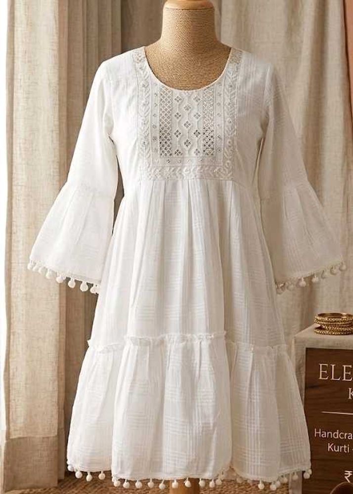 Elegant White Tiered Kurta with Pom-Pom Trim