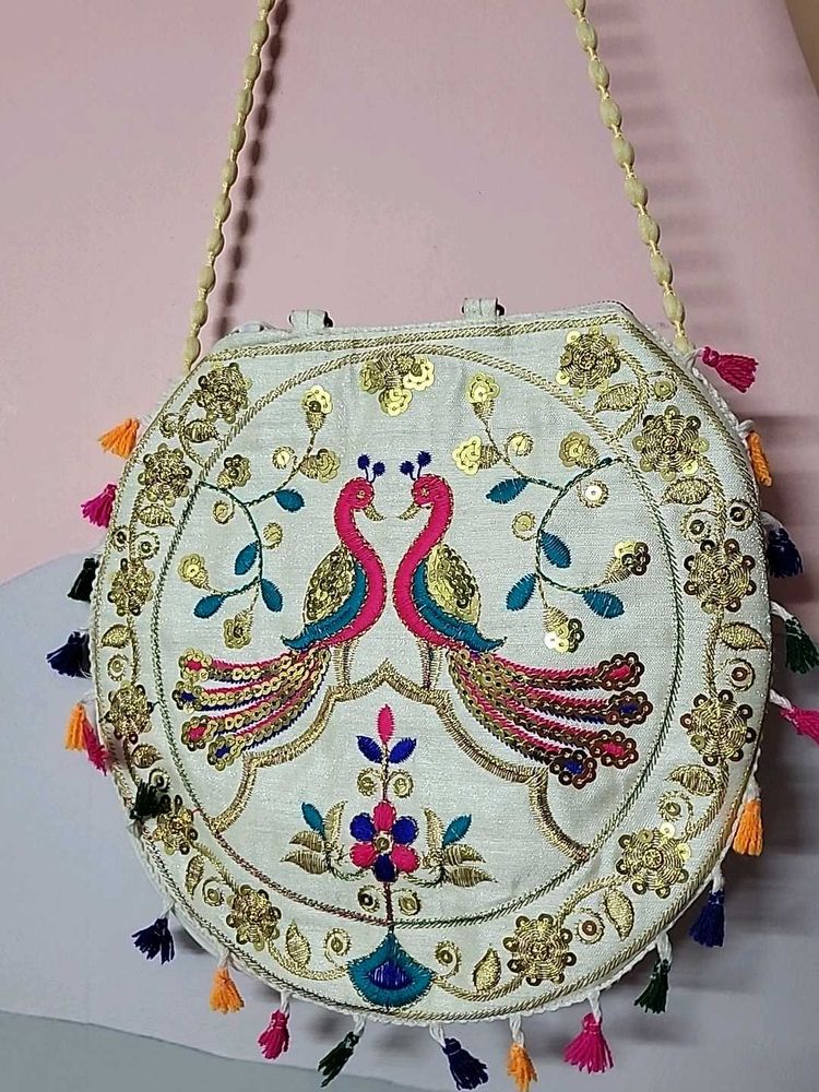 Embroidered Peacock Round Sling Bag