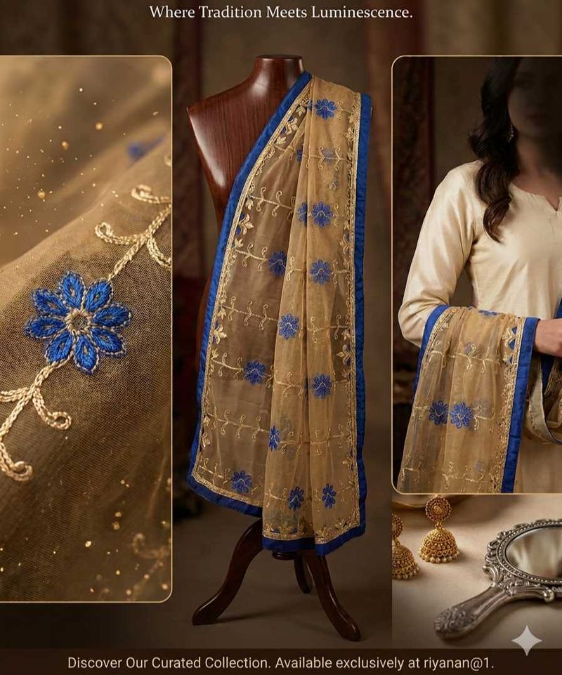 Blue &amp; Gold Embroidered Dupatta
