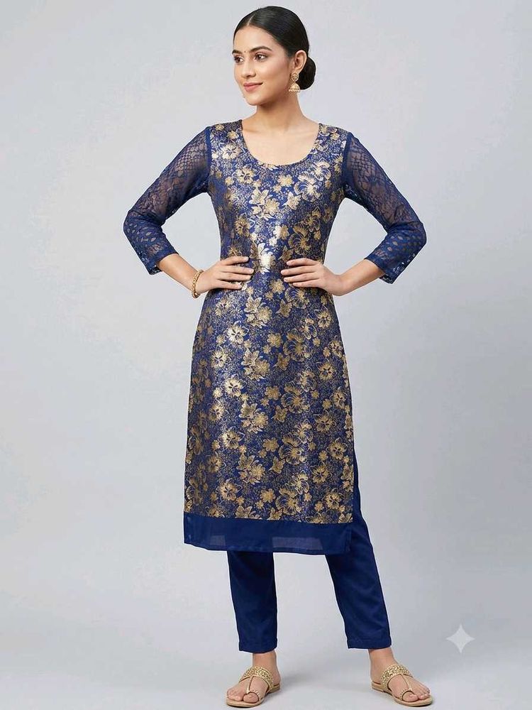 Elegant Blue &amp; Gold Brocade Kurta Set
