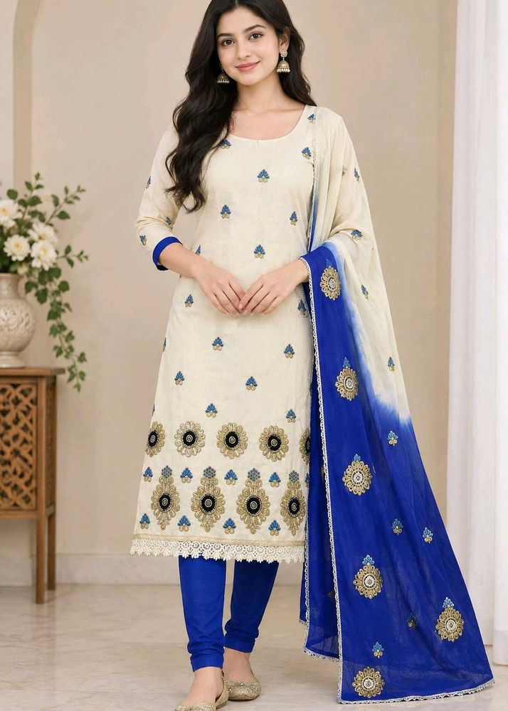 Elegant Cream Kurta Set with Blue Dupatta