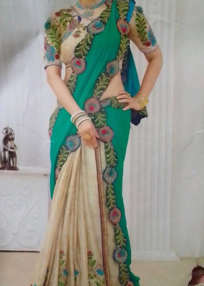 Elegant Green &amp; Beige Saree