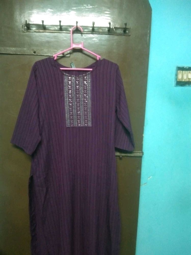 Purple Striped Kurta with Embellished Neckline