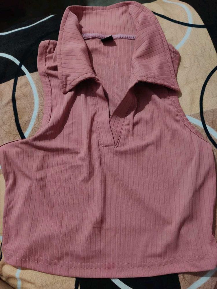 Pink Ribbed Collared Crop Top