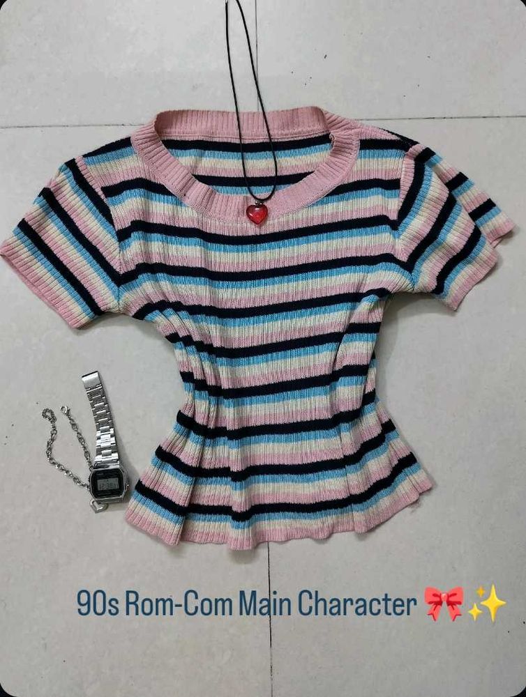 Y2K Striped Cropped Ribbed Top