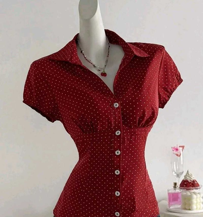 Retro Cherry Dot Button-Up Top