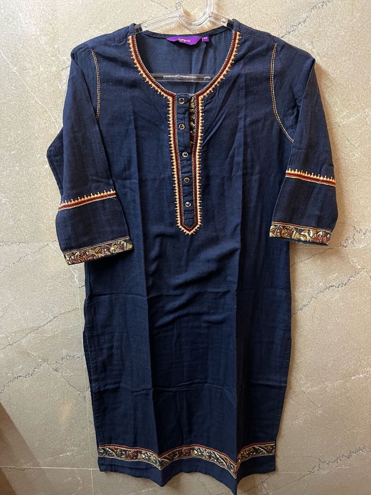 Rangriti Embroidered Blue Cotton Kurta