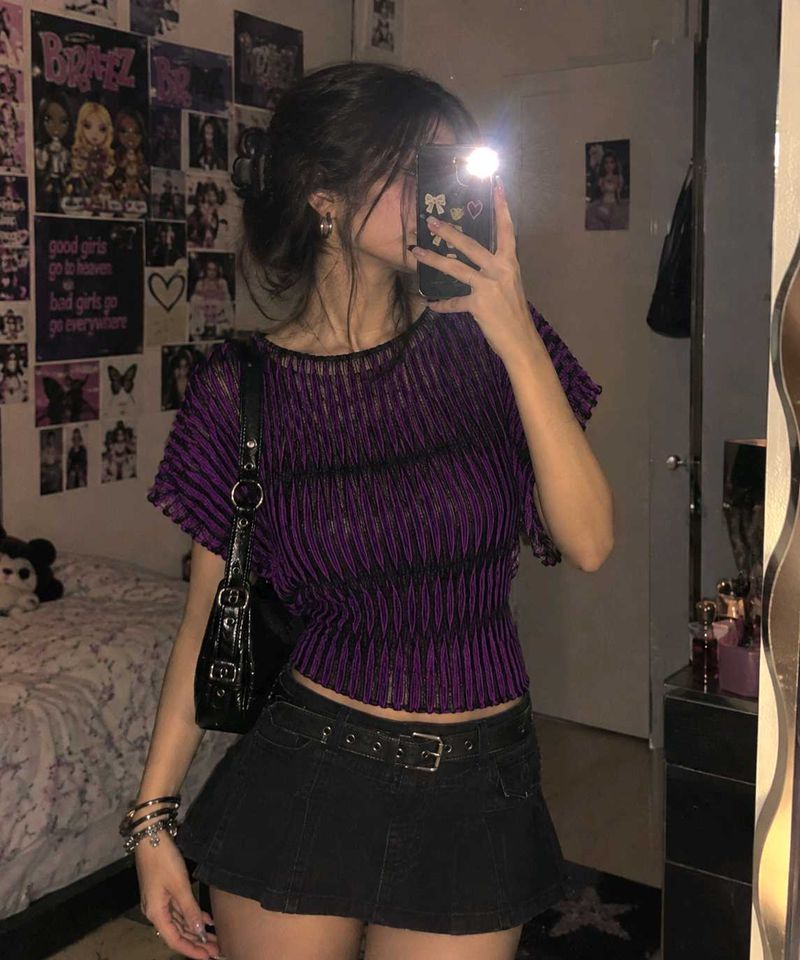 Y2k Purple &amp; Black Striped Knit Top