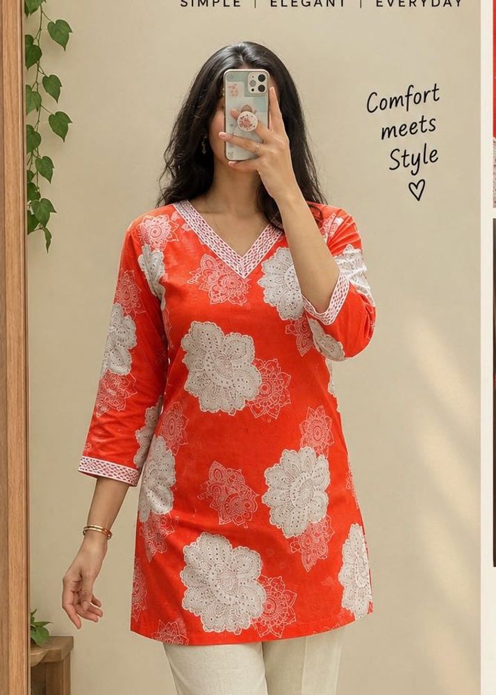 Vibrant Orange Printed Kurta