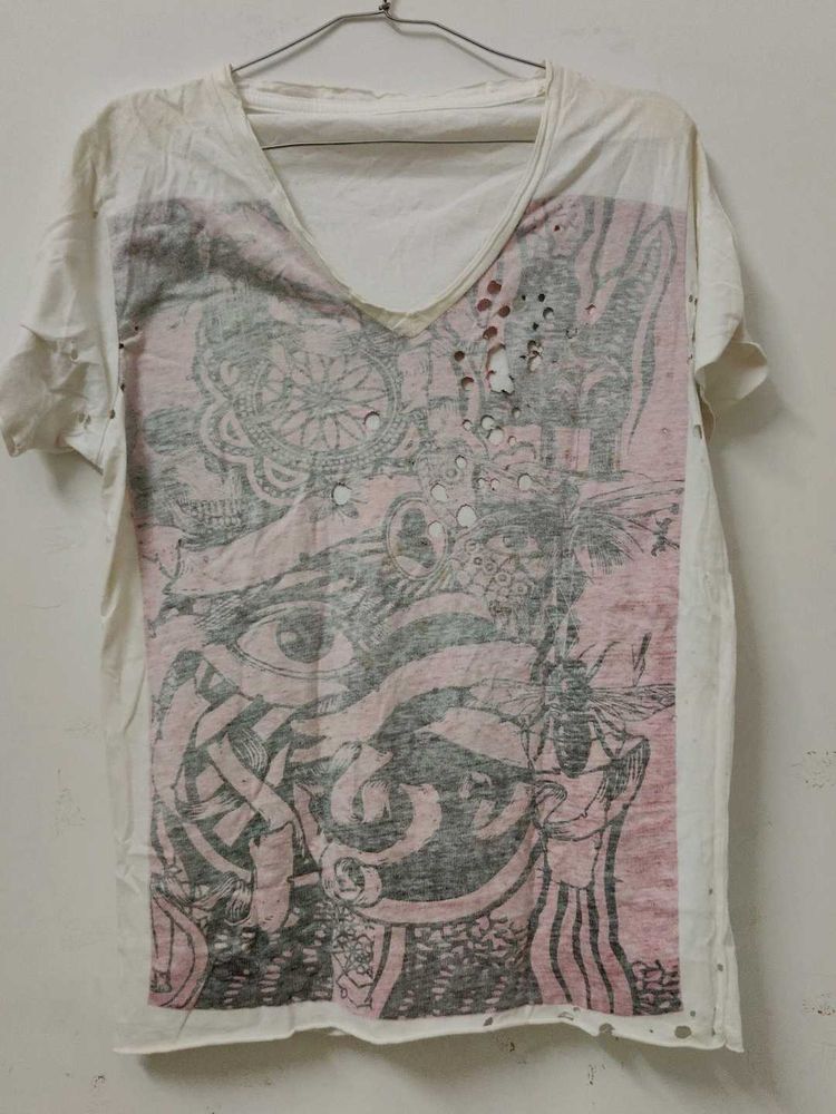 Distressed Graphic Print V-Neck Tee