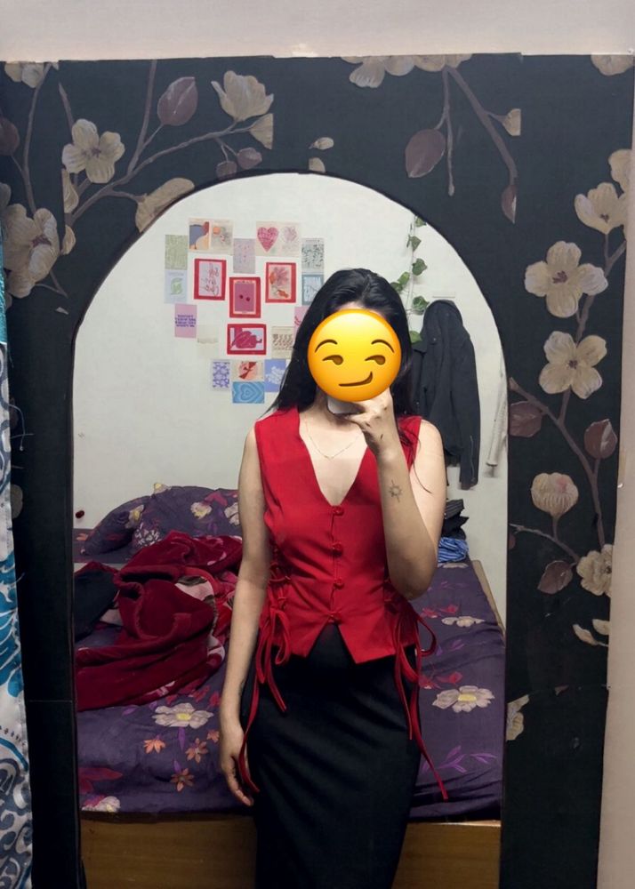 Red Sleeveless Top with Tie Details