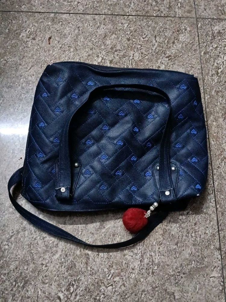 Quilted Dark Blue Handbag with Heart Pattern