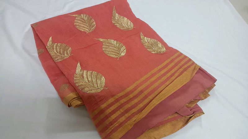 Elegant Pink Saree with Gold Leaf