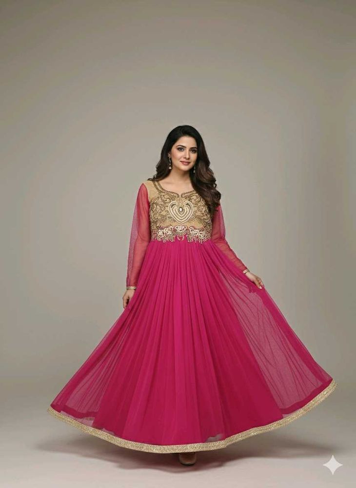 Elegant Pink &amp; Gold Anarkali Gown
