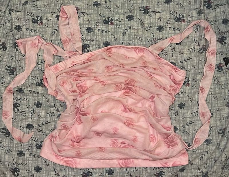 Sheer Rose Print Ruched Top