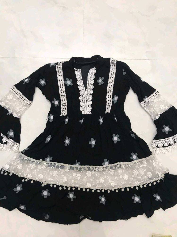Black Kurta with White Floral Print