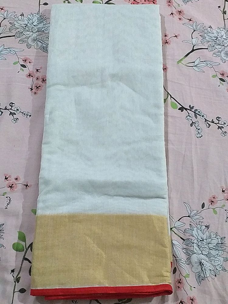 White Cotton Saree With Golden Border