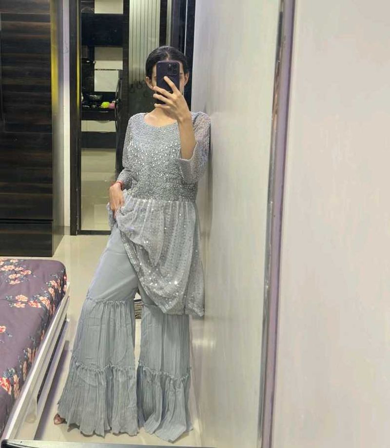 Sparkling Grey heavy  indowestern sharar
