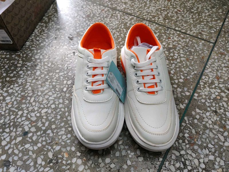 White &amp; Orange Accent Sneakers