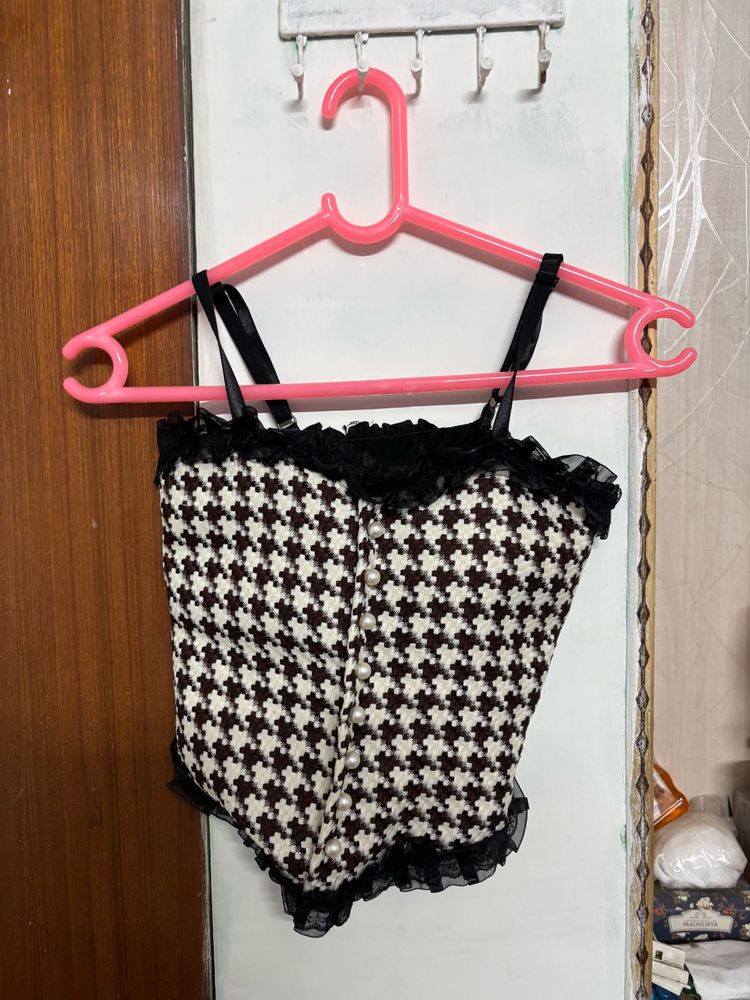 Houndstooth Corset Top with Pearl Details