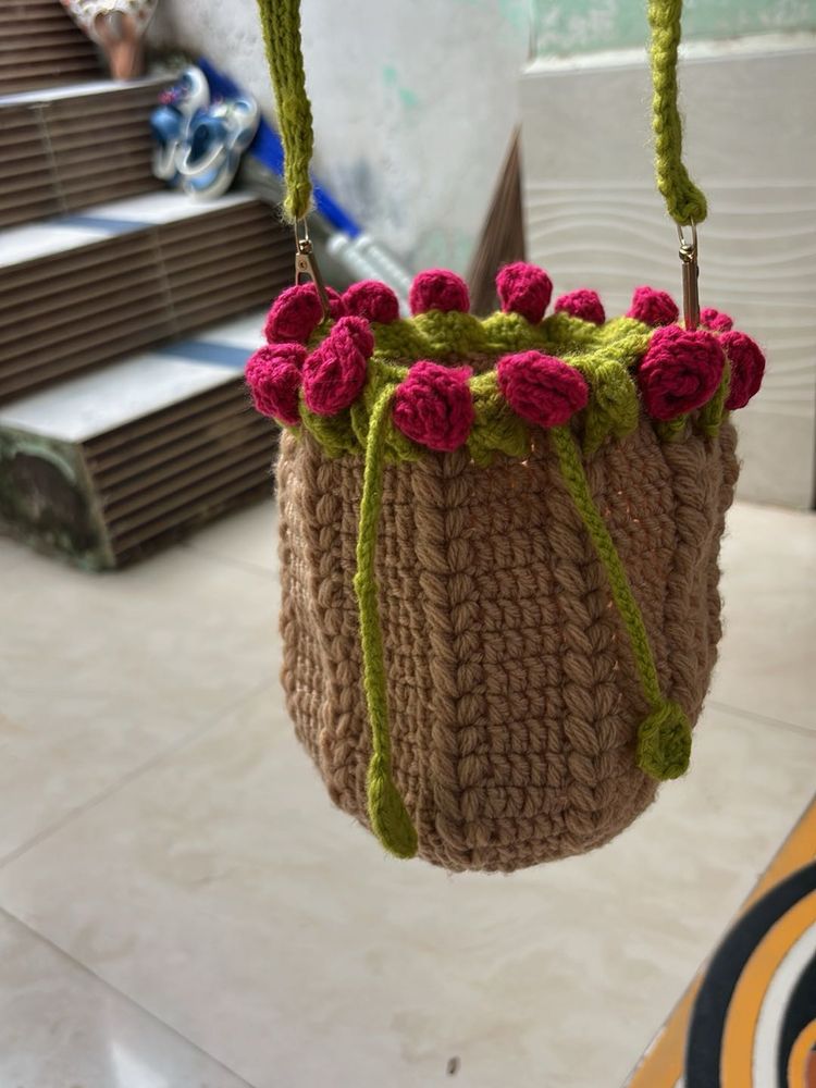 crochet flower potli bag