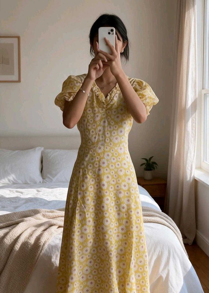 Yellow Floral Puff Sleeve Midi Dress