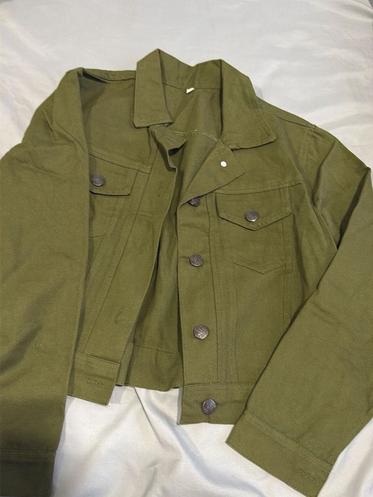 Olive Green Cropped Denim Jacket