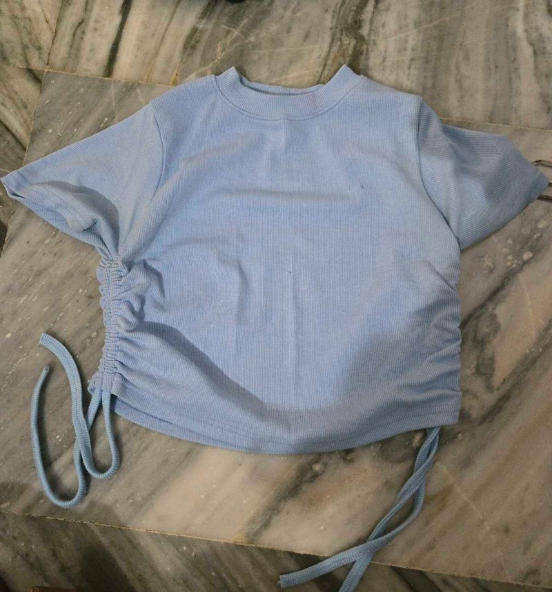 Light Blue Ruched Drawstring Top