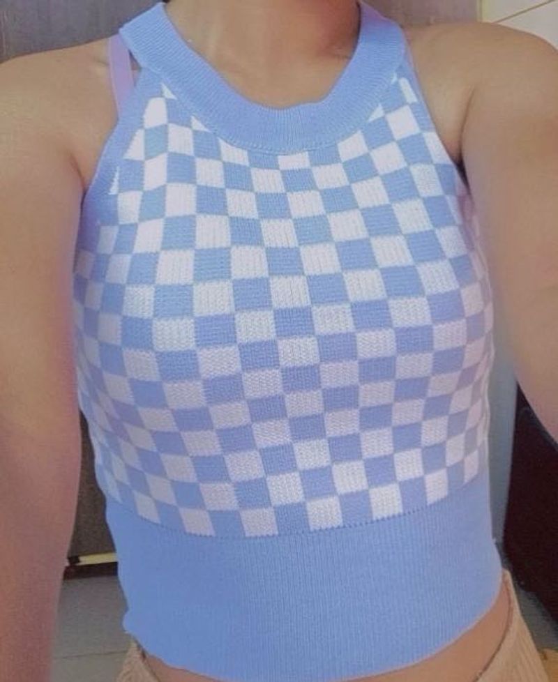 Checkerboard Halter Neck Knit Top