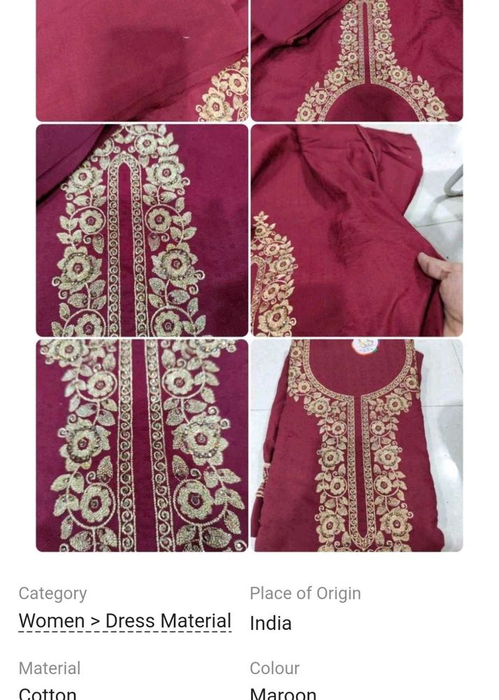 Maroon Embroidered Cotton Dress Material