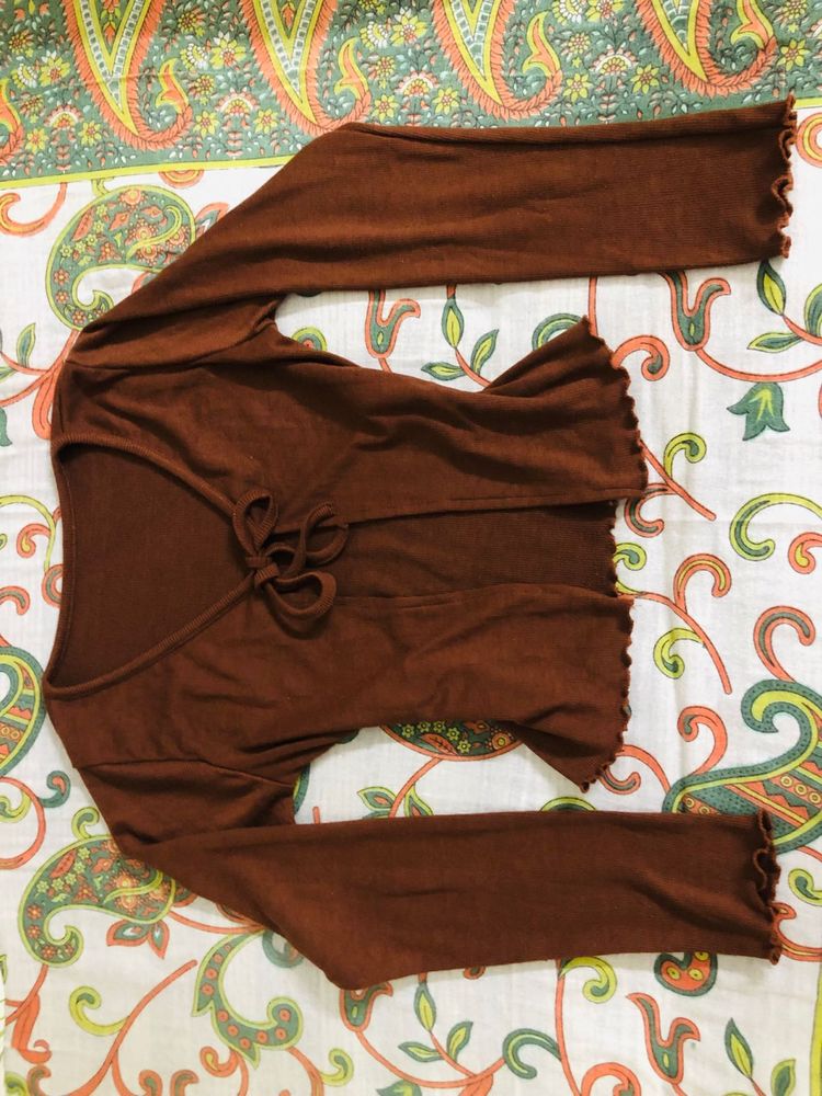 Brown Lettuce Trim Long Sleeve Top