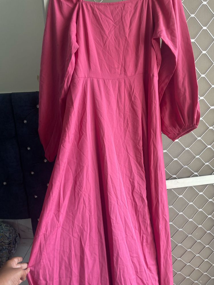 Pink Puff Sleeve Midi Dress
