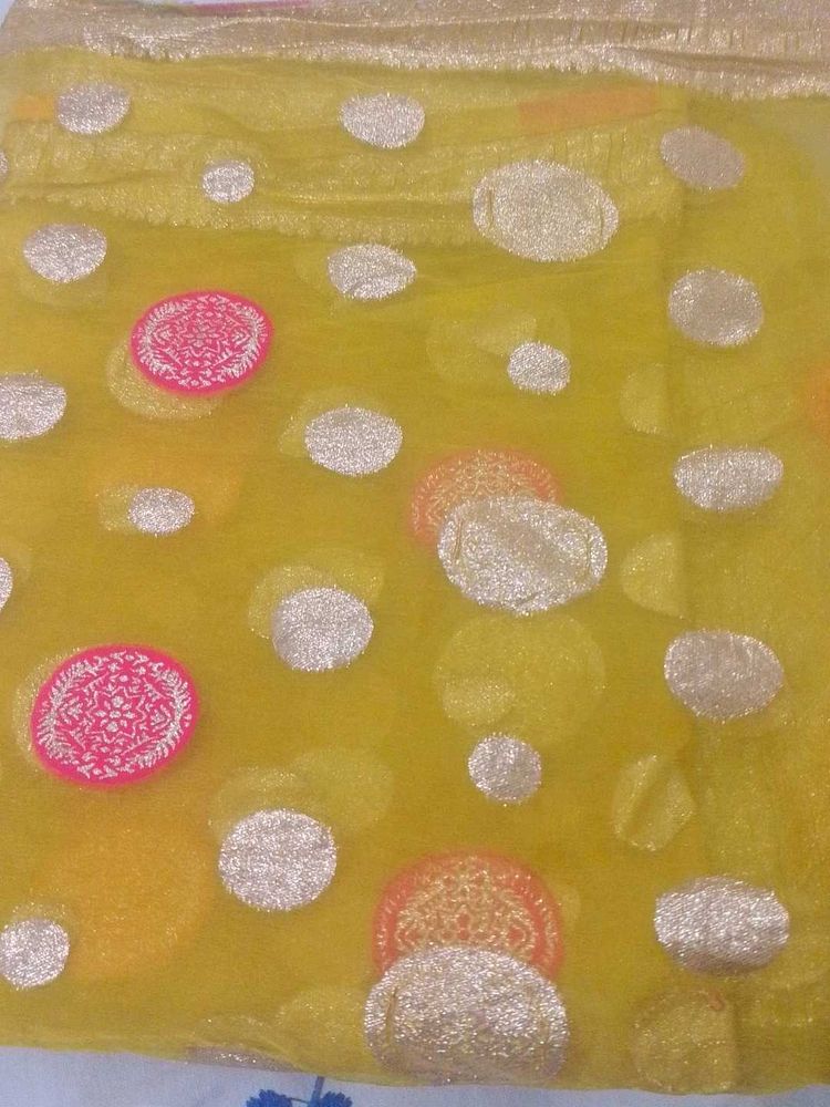 Yellow Net Saree with Polka Dots