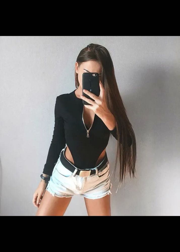 Black Zip-Up Bodysuit with Long Sleeves