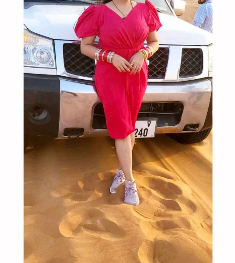 Vibrant Pink V-Neck Puff Sleeve Dress