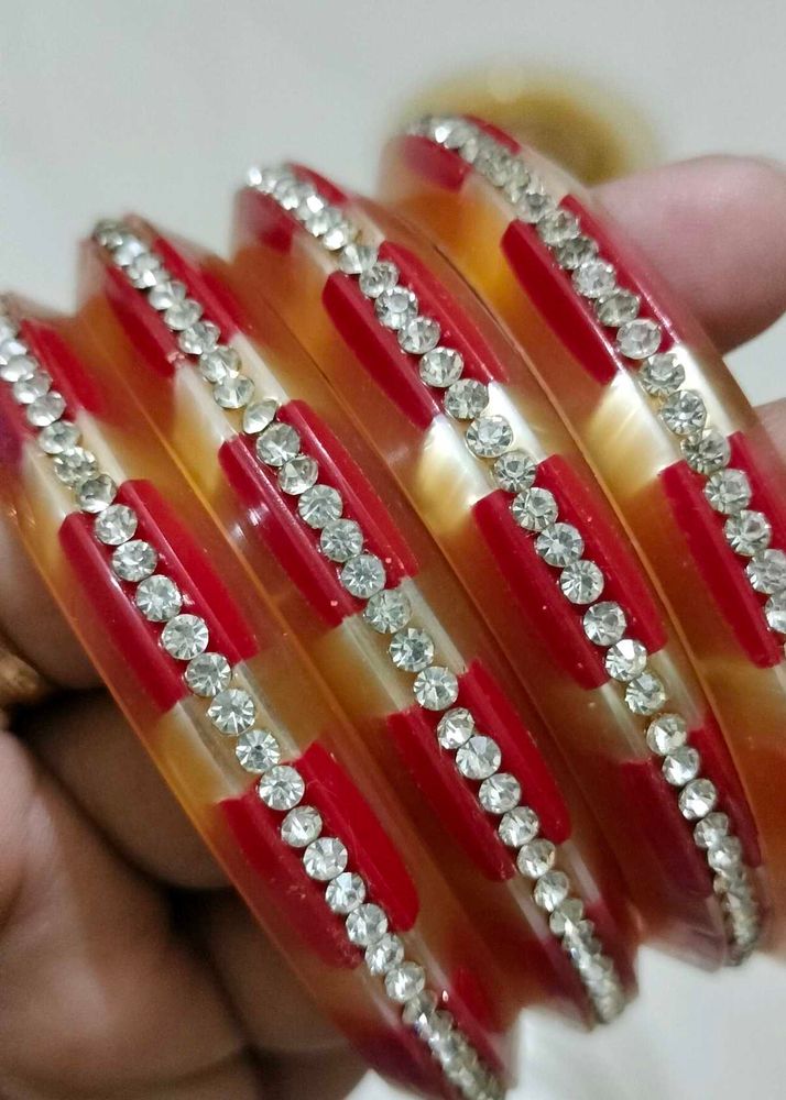 Red &amp; Gold Bangle Set with Rhinestones