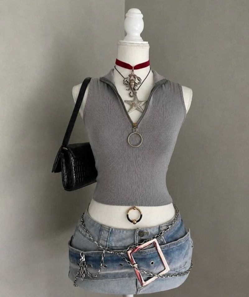 Grey Zip Neck Ribbed Tank Top