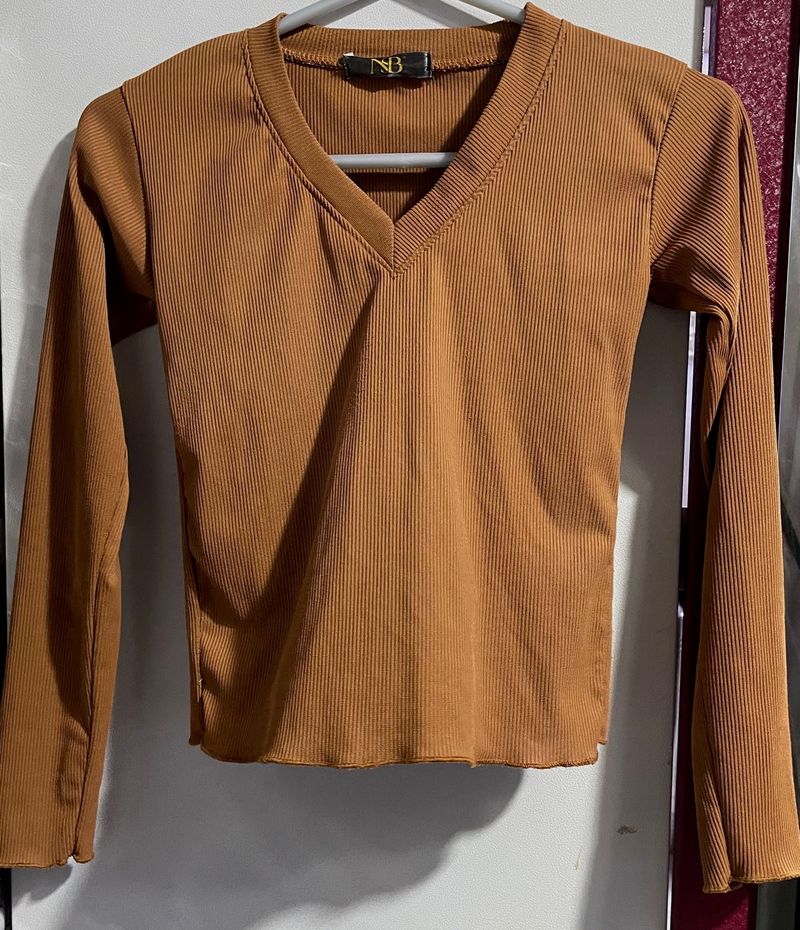 Ribbed V-Neck Long Sleeve Top