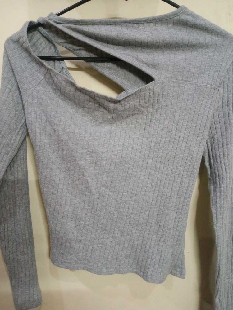 Grey Long Sleeve Cut-out Top
