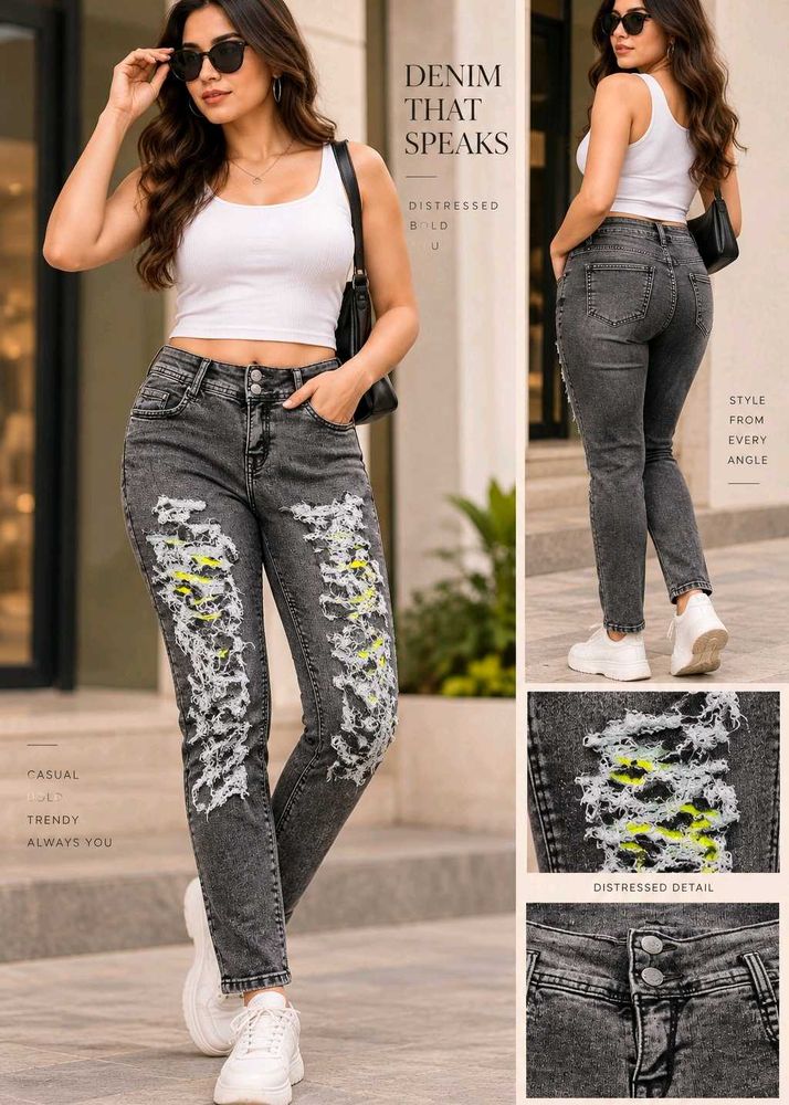 Stylish Distressed Grey Denim Jeans