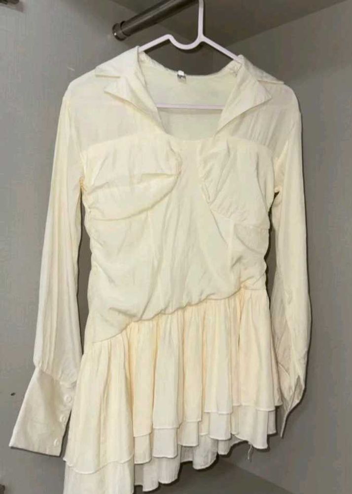 Cream Ruffle Hem Shirt Dress